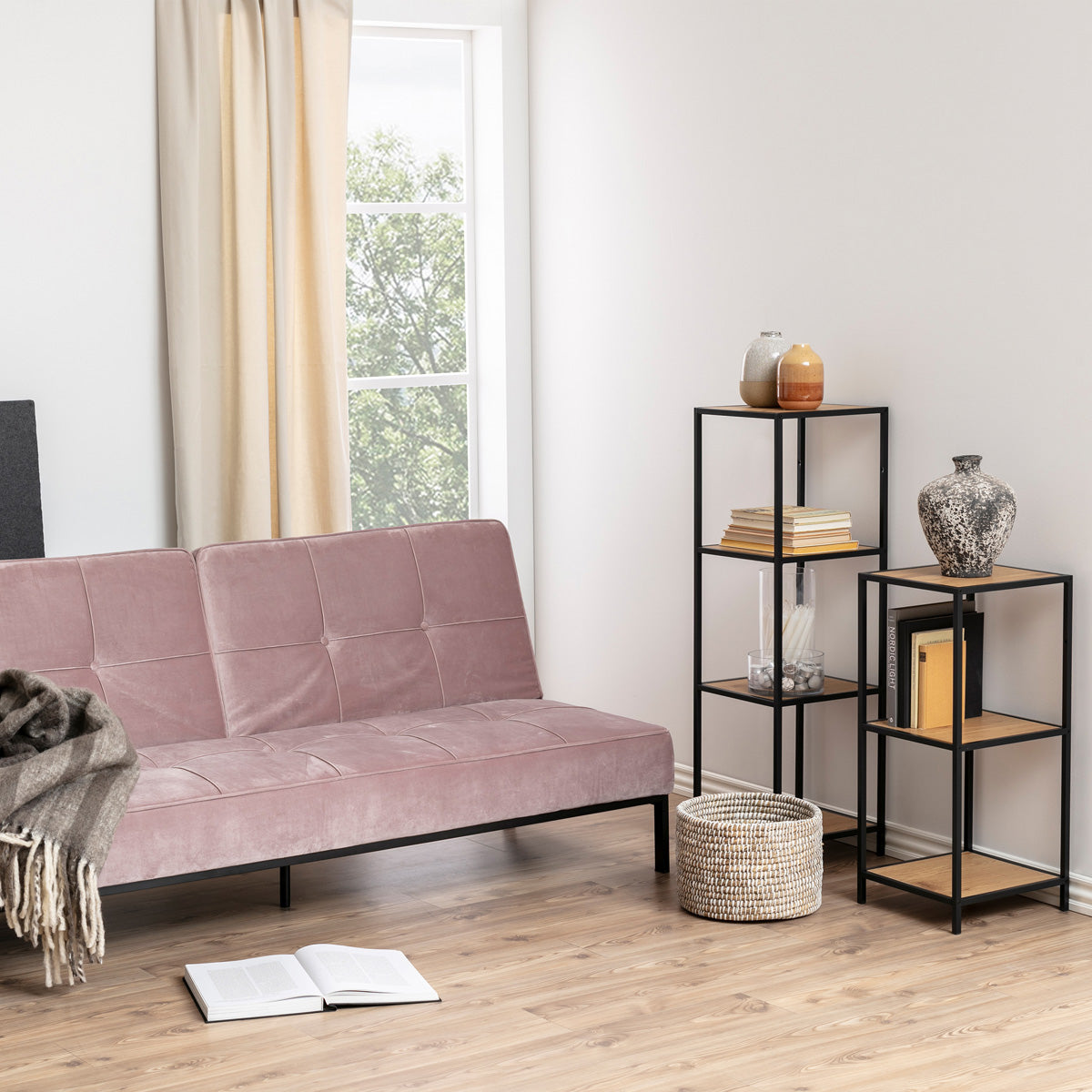 Metal Bookcase Narrow With 2 Wooden Shelves - Seaford