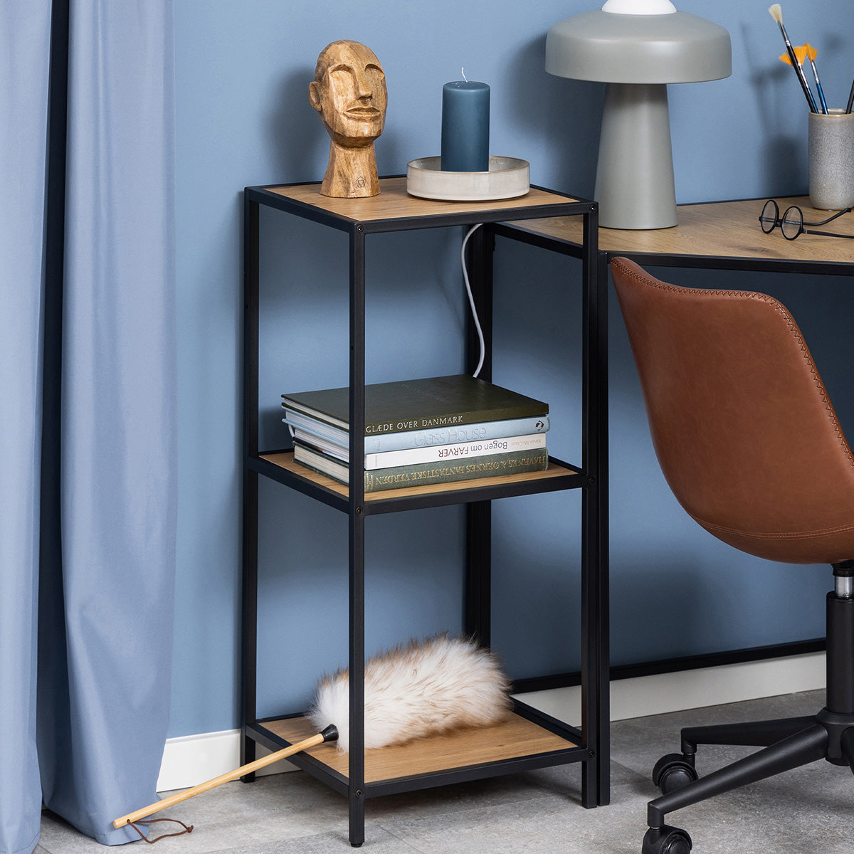 Metal Bookcase Narrow With 2 Wooden Shelves - Seaford