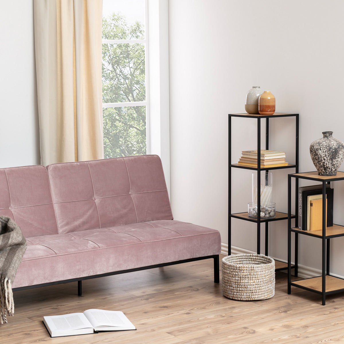 Metal Bookcase Narrow With 3 Wooden Shelves - Seaford