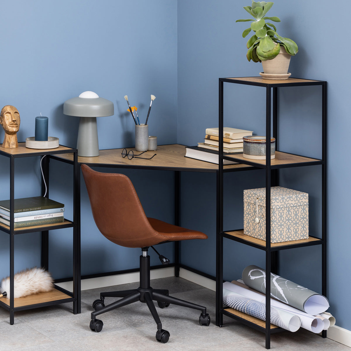 Metal Bookcase Narrow With 3 Wooden Shelves - Seaford