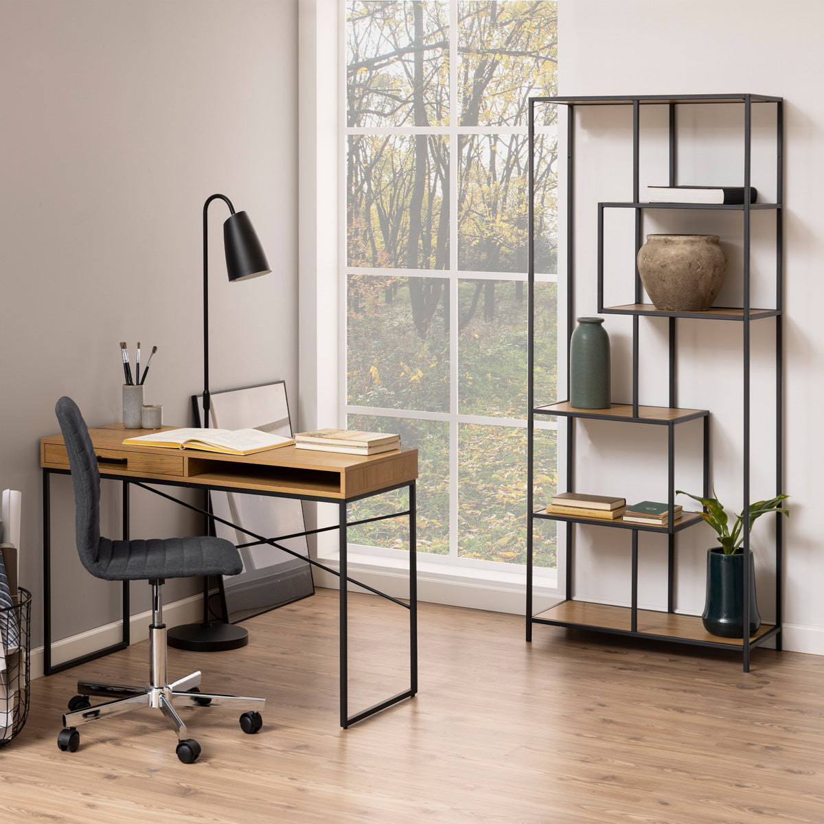 Metal Bookcase Tall in Black With 5 Shelves - Seaford