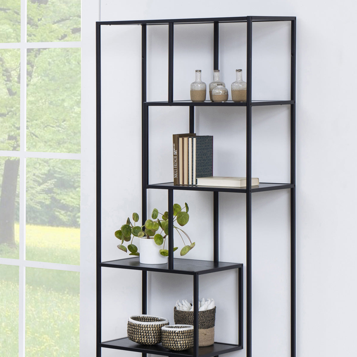 Metal Bookcase Tall in Black With 5 Shelves - Seaford