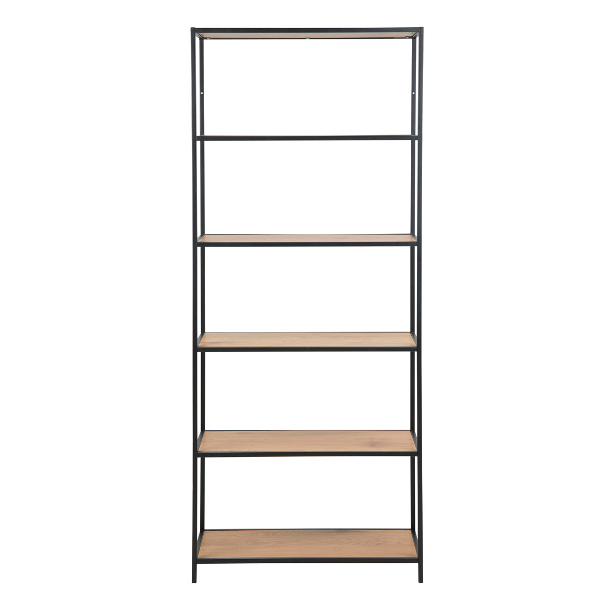 Metal Bookcase Tall in Black With 5 Wooden Shelves - Seaford