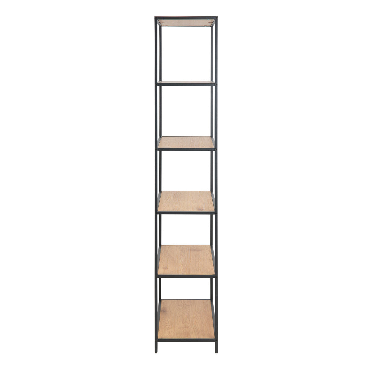 Metal Bookcase Tall in Black With 5 Wooden Shelves - Seaford