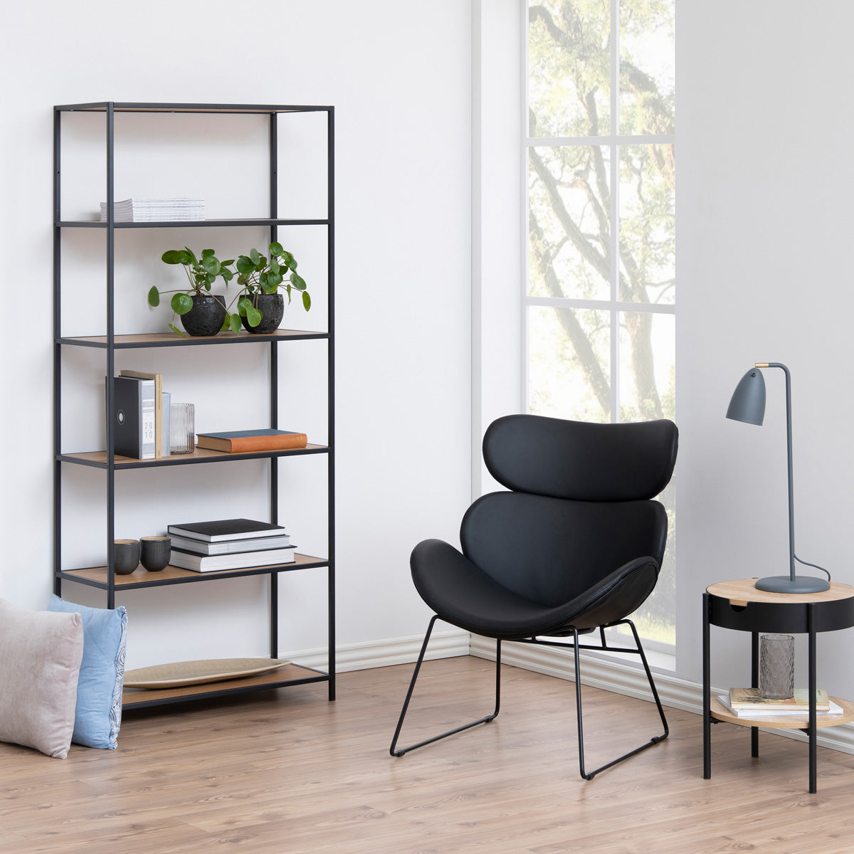 Metal Bookcase Tall in Black With 5 Wooden Shelves - Seaford