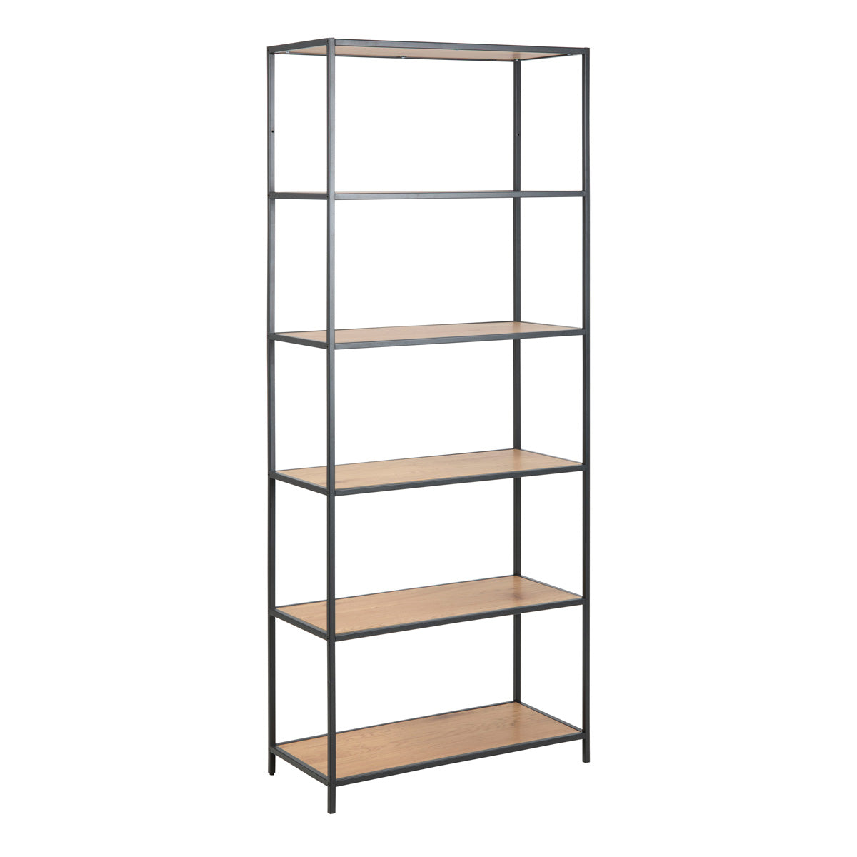 Metal Bookcase Tall in Black With 5 Wooden Shelves - Seaford