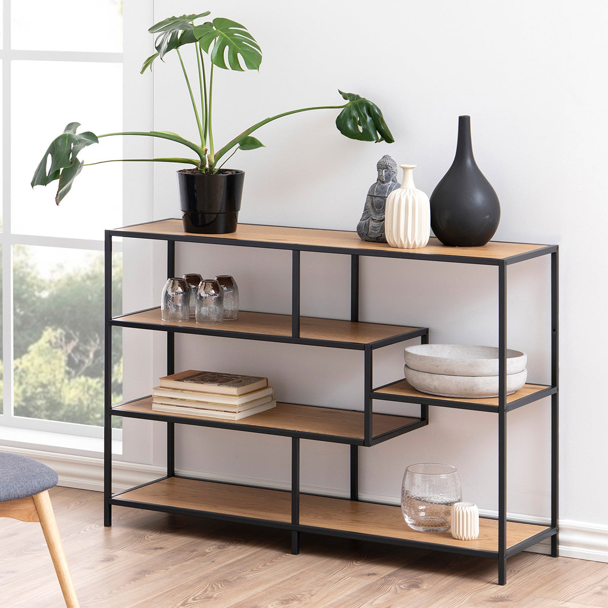 Metal Bookcase Wide in Black With 4 Shelves - Seaford