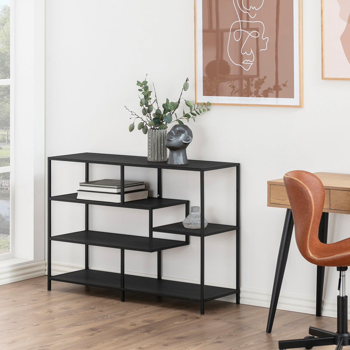 Metal Bookcase Wide in Black With 4 Shelves - Seaford
