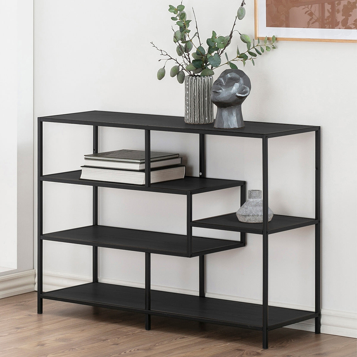 Metal Bookcase Wide in Black With 4 Shelves - Seaford