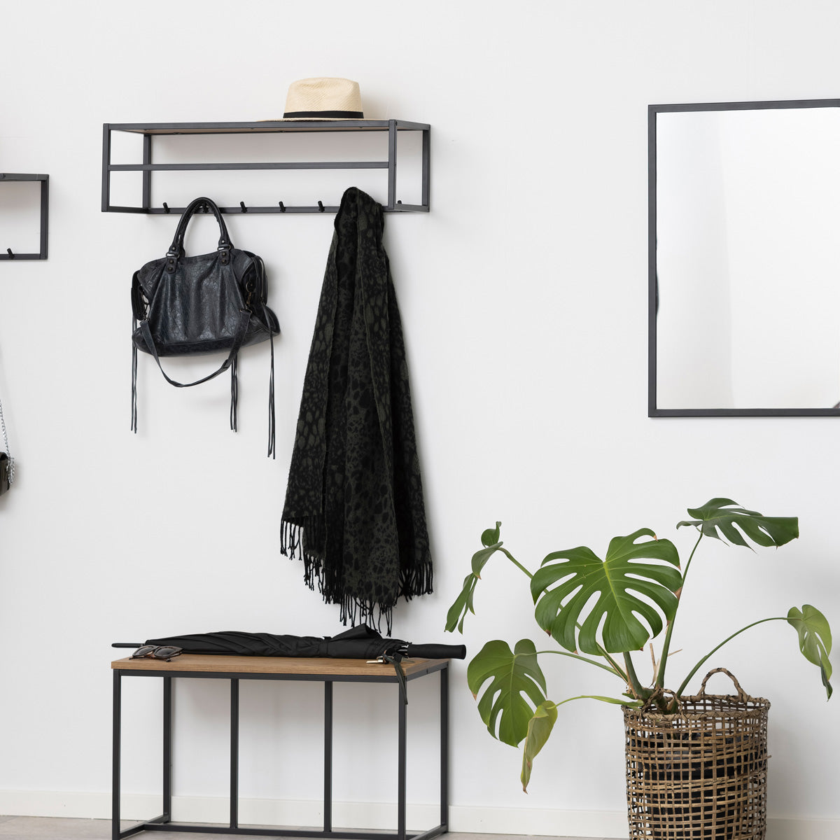 Metal Coat Rack in Black With Wooden Top - Seaford