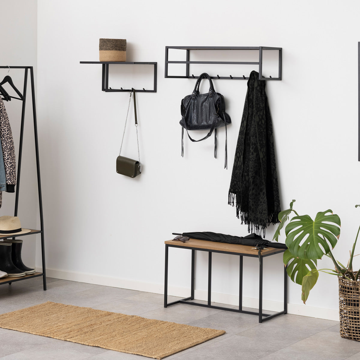 Metal Coat Rack in Black With Wooden Top - Seaford