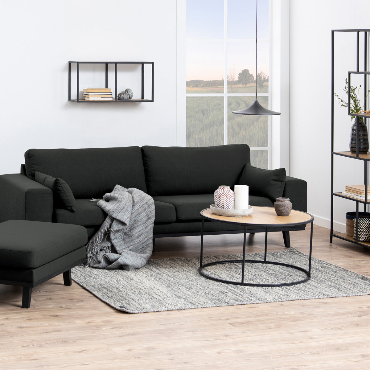 Metal Coffee Table Round in Black With Wooden Top - Seaford