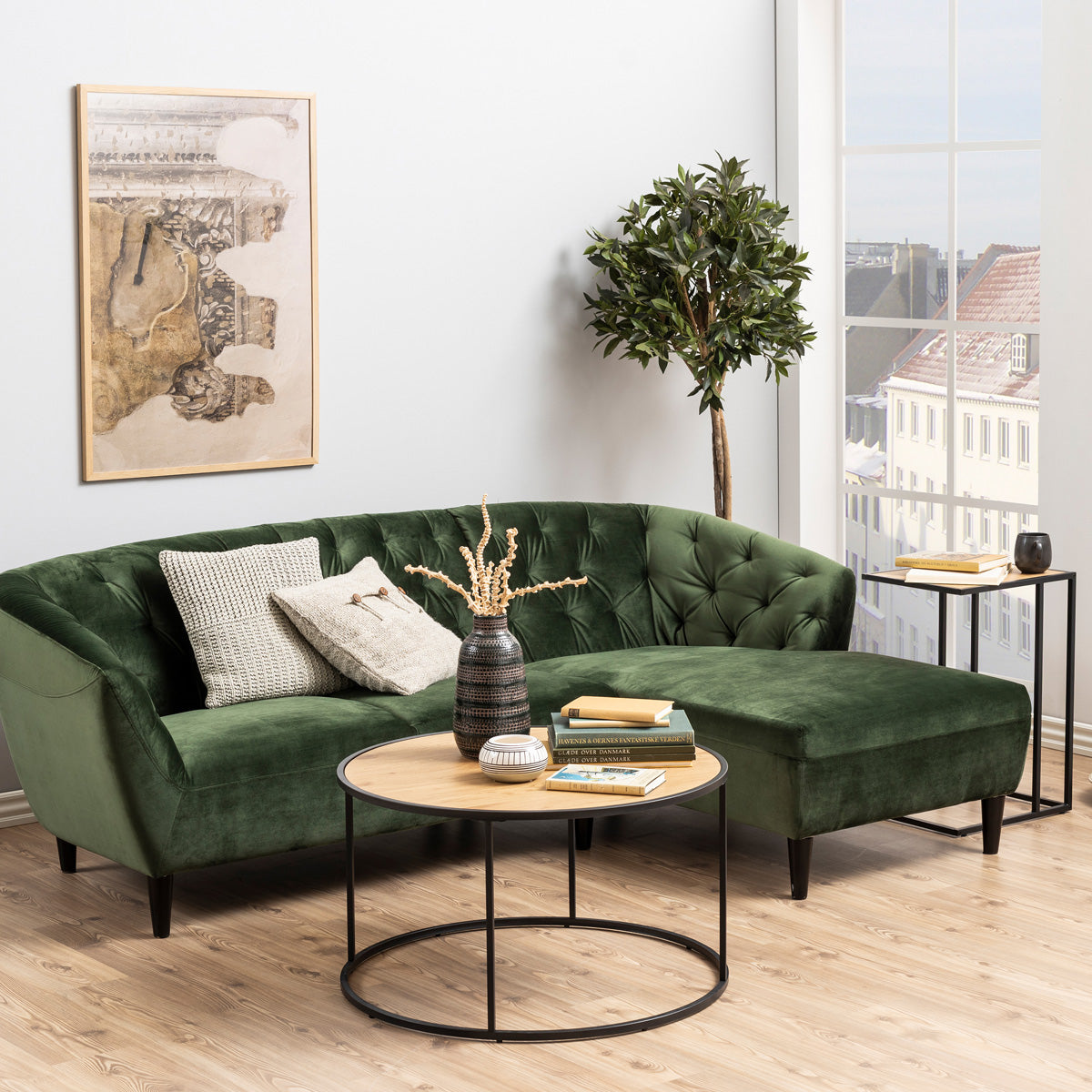 Metal Coffee Table Round in Black With Wooden Top - Seaford