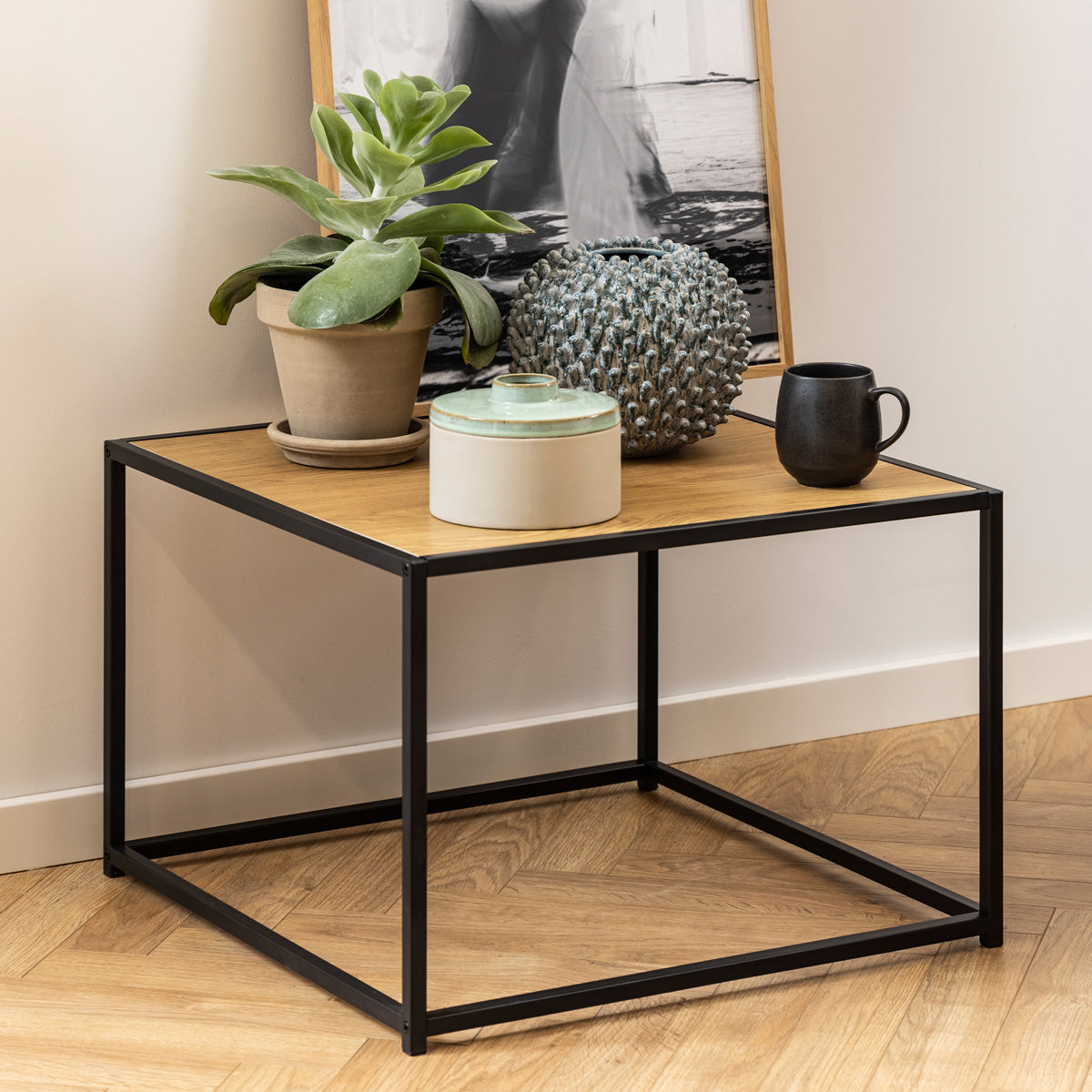 Metal Coffee Table Square in Black With Wooden Top - Seaford