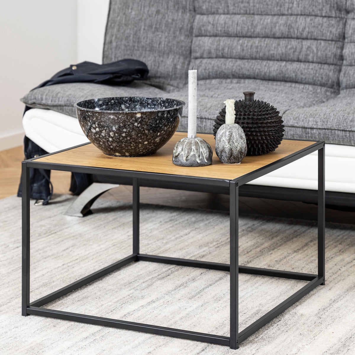 Metal Coffee Table Square in Black With Wooden Top - Seaford