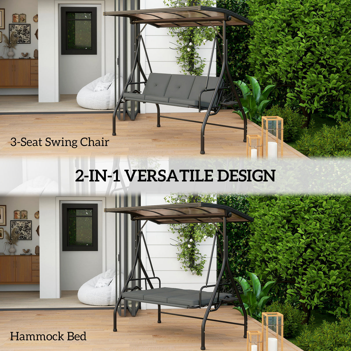 Metal Convertible 3 Seater Garden Swing Bench Bed - Velmora