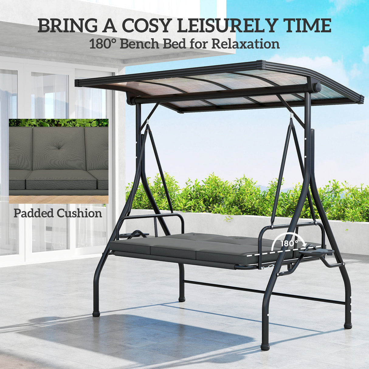 Metal Convertible 3 Seater Garden Swing Bench Bed - Velmora