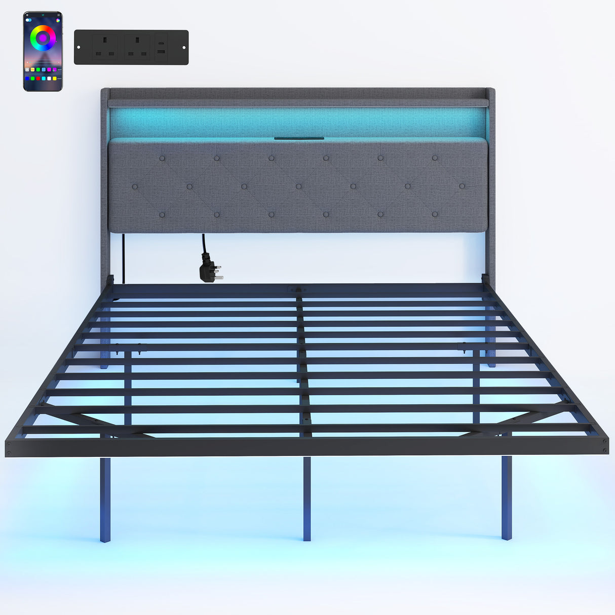 Metal Double Bed 139cm Wide With Fabic Headboard And LED Lights - Velmora