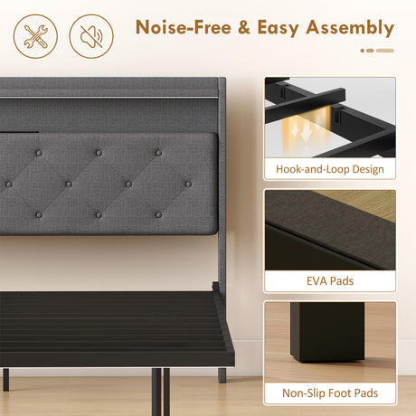 Metal Double Bed 139cm Wide With Fabic Headboard And LED Lights - Velmora