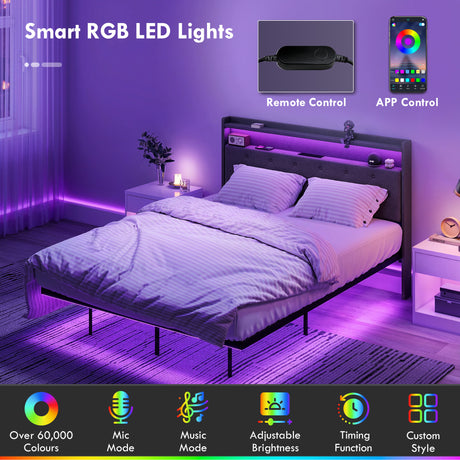 Metal Double Bed 139cm Wide With Fabic Headboard And LED Lights - Velmora