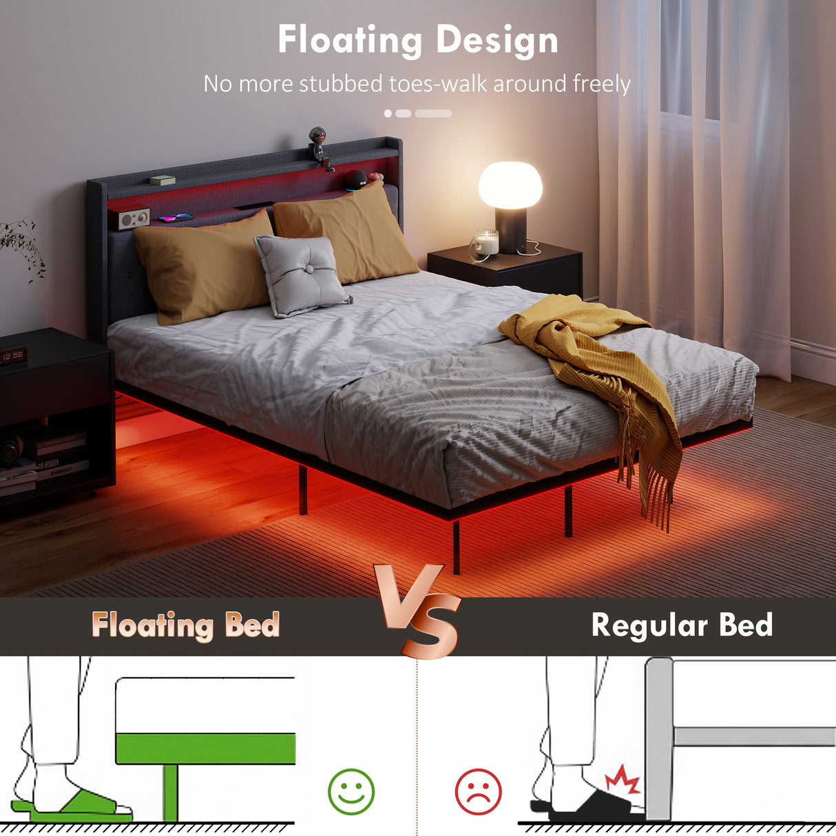 Metal Double Bed 139cm Wide With Fabic Headboard And LED Lights - Velmora