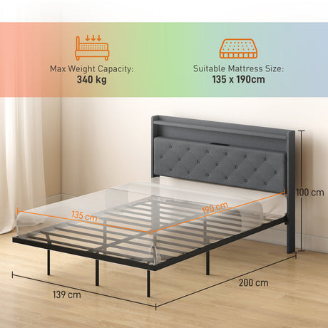 Metal Double Bed 139cm Wide With Fabic Headboard And LED Lights - Velmora