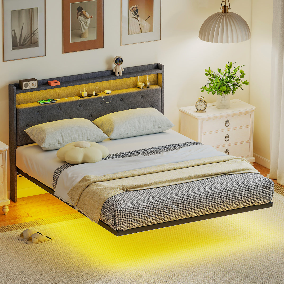 Metal Double Bed 139cm Wide With Fabic Headboard And LED Lights - Velmora