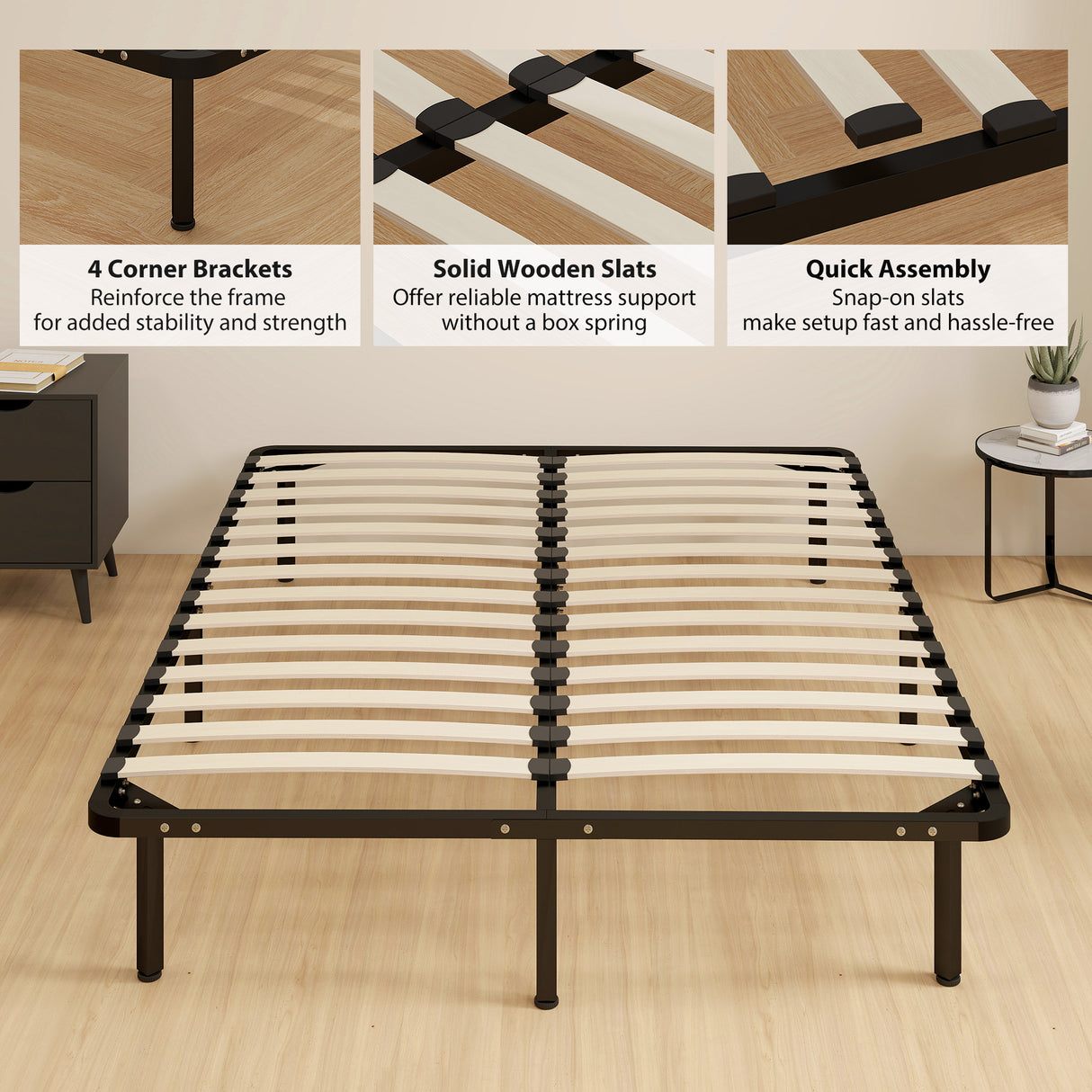 Metal Double Bed 140cm Wide With 28 Wooden Slats - Velmora