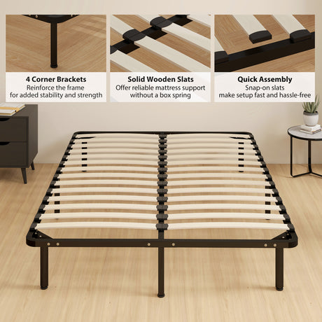 Metal Double Bed 140cm Wide With 28 Wooden Slats - Velmora