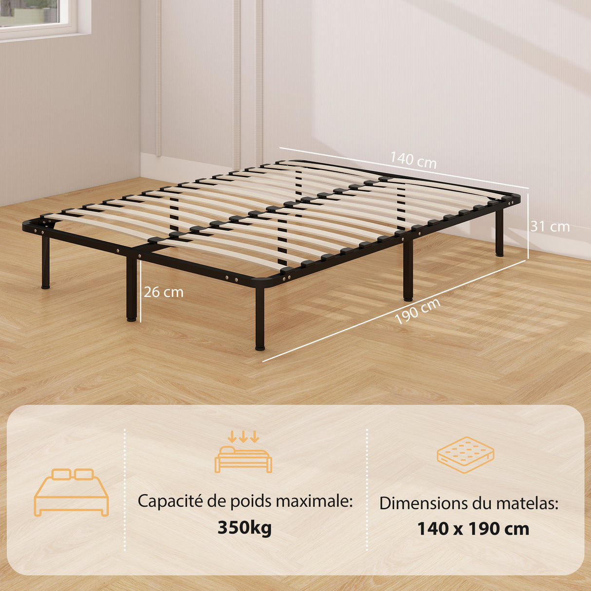 Metal Double Bed 140cm Wide With 28 Wooden Slats - Velmora