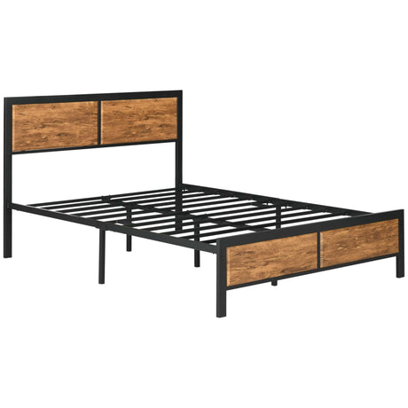 Metal Double Bed 141.5cm Wide With Wooden Headboard - Velmora