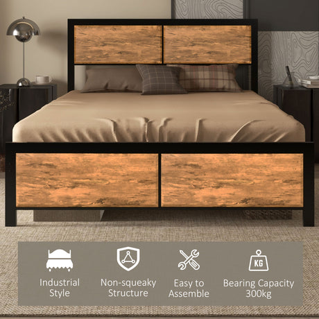 Metal Double Bed 141.5cm Wide With Wooden Headboard - Velmora