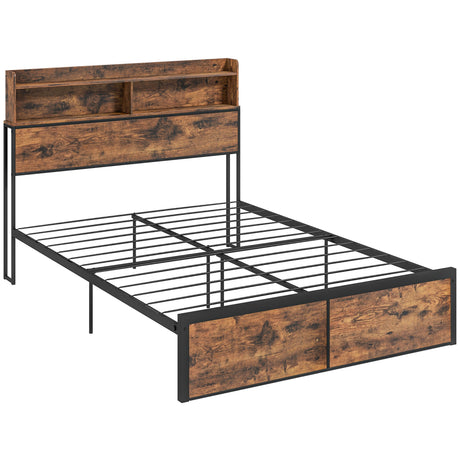 Metal Double Bed 141.5cm Wide With Wooden Storage Headboard - Velmora