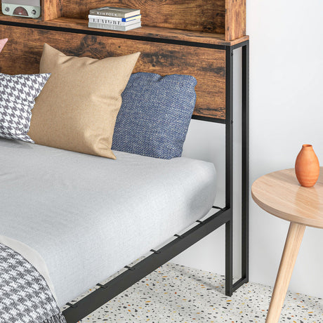 Metal Double Bed 141.5cm Wide With Wooden Storage Headboard - Velmora