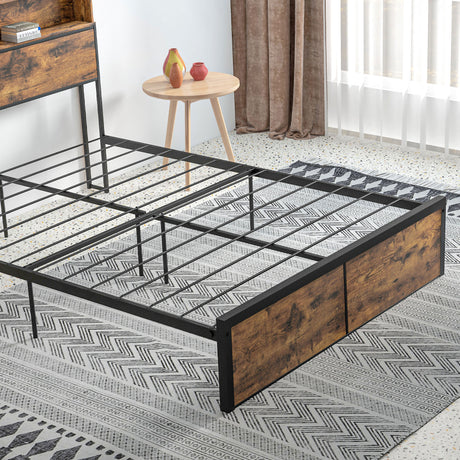 Metal Double Bed 141.5cm Wide With Wooden Storage Headboard - Velmora