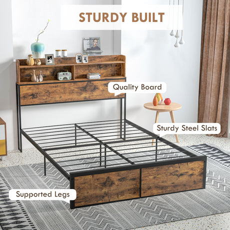 Metal Double Bed 141.5cm Wide With Wooden Storage Headboard - Velmora