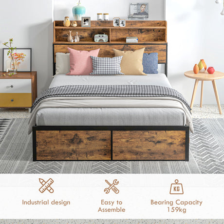 Metal Double Bed 141.5cm Wide With Wooden Storage Headboard - Velmora