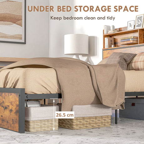 Metal Double Bed 141.5cm Wide With Wooden Storage Headboard - Velmora