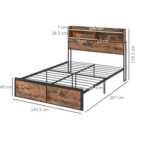Metal Double Bed 141.5cm Wide With Wooden Storage Headboard - Velmora