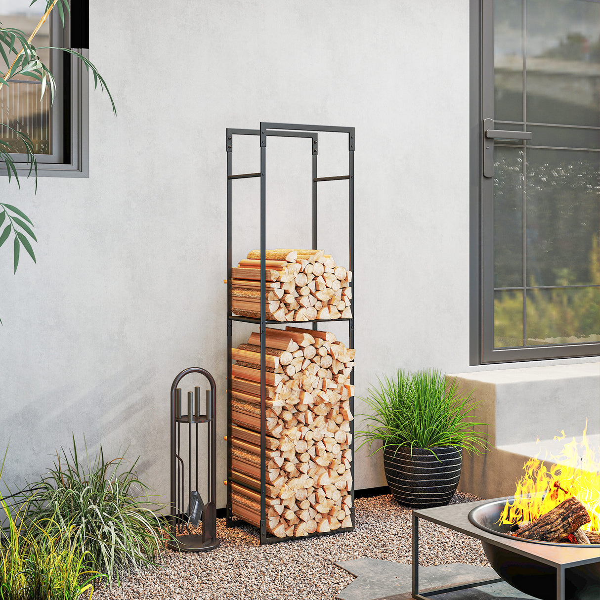 Metal Firewood Rack with Adjustable Shelf Log Holder - Velmora