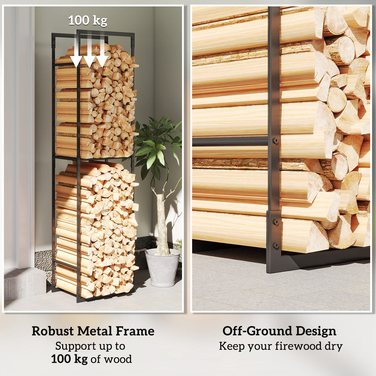 Metal Firewood Rack with Adjustable Shelf Log Holder - Velmora