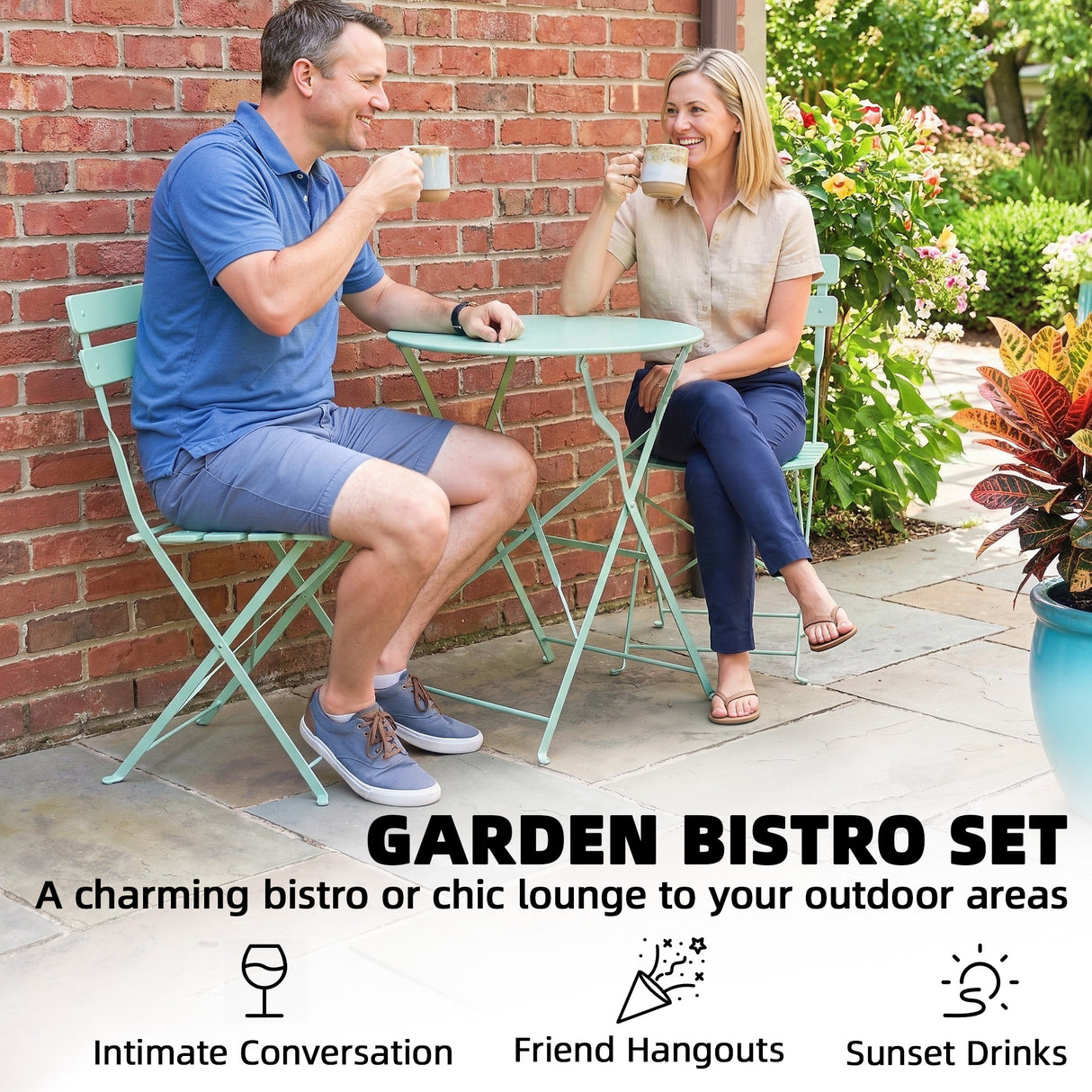 Metal Folding Garden Bistro Set With Round Table - Velmora