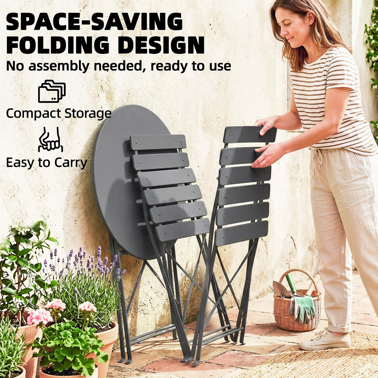 Metal Folding Garden Bistro Set With Round Table - Velmora