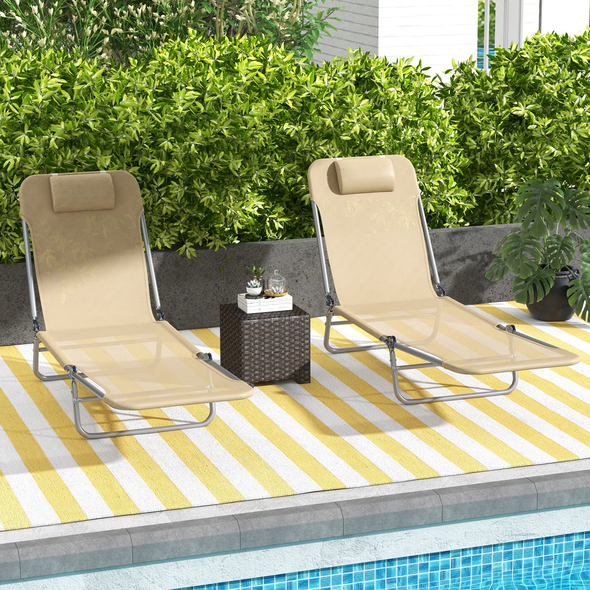 Metal Folding Garden Sun Lounger in Set of 2 With Head Pillow - Velmora