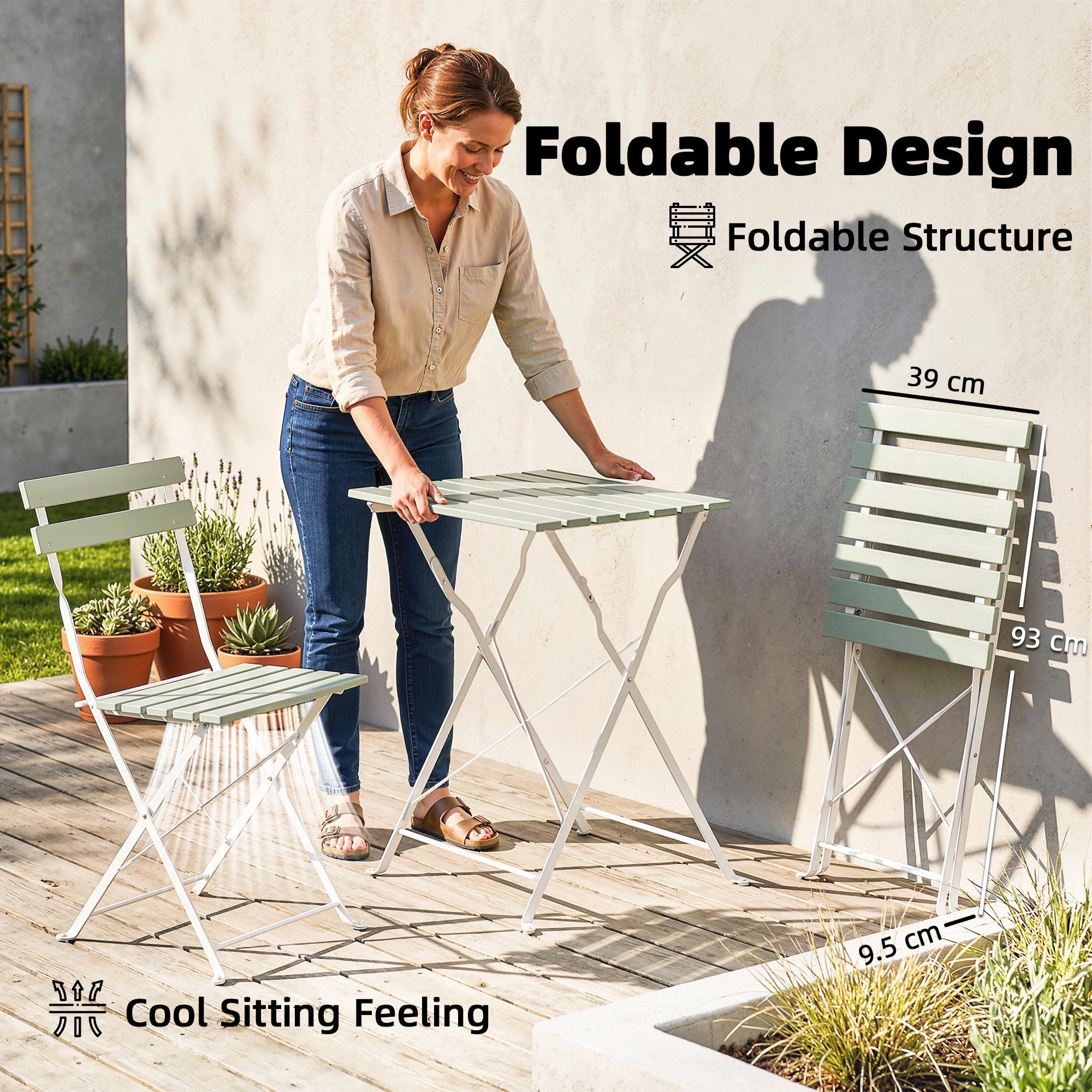 Metal Garden Bistro Set With Folding Chairs And Table for 2 People - Velmora