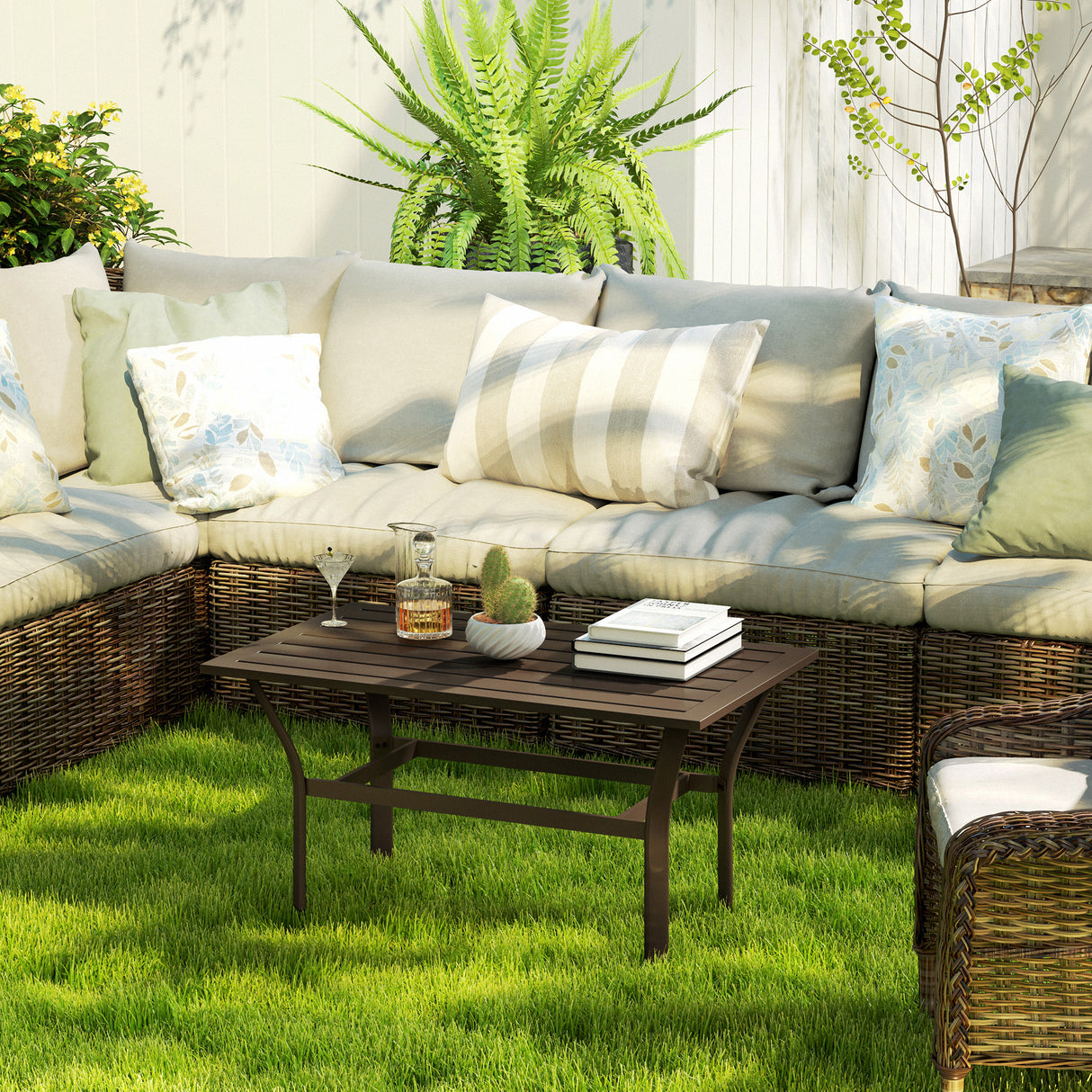 Metal Garden Coffee Table Rectangular With Slatted Table Top - Velmora
