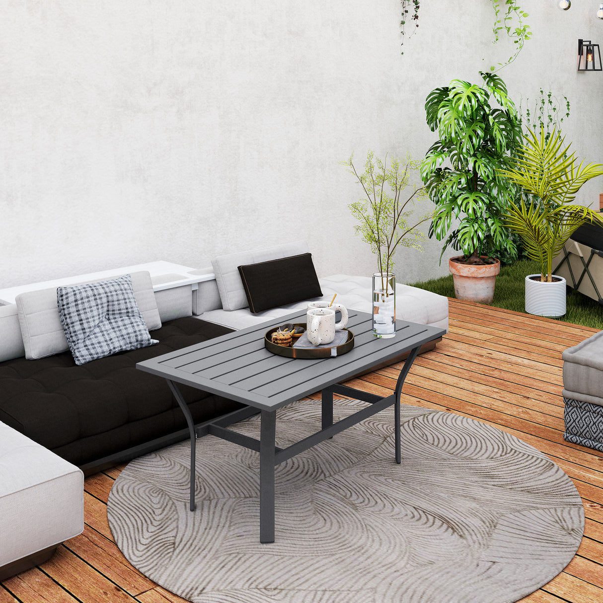 Metal Garden Coffee Table Rectangular With Slatted Table Top - Velmora