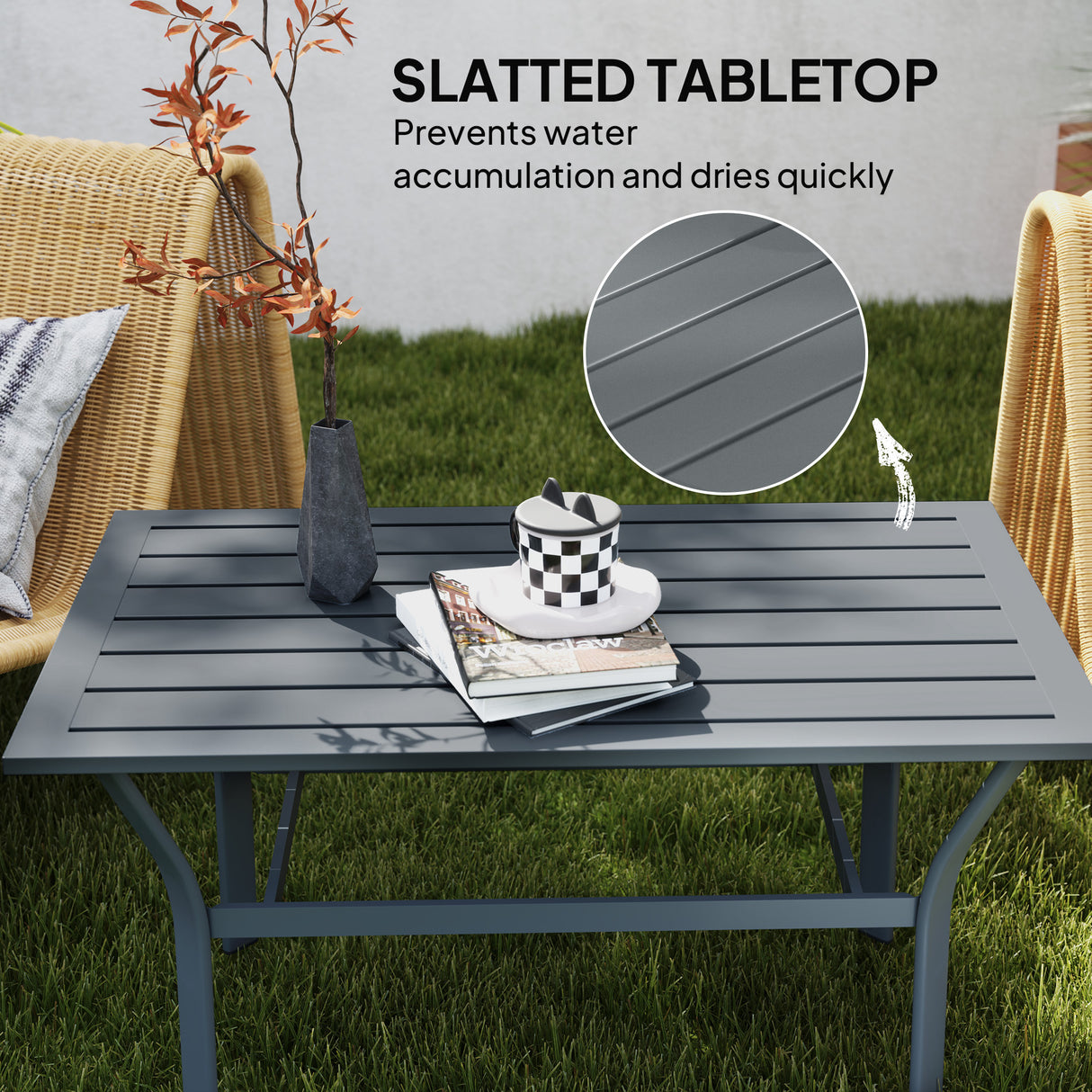Metal Garden Coffee Table Rectangular With Slatted Table Top - Velmora