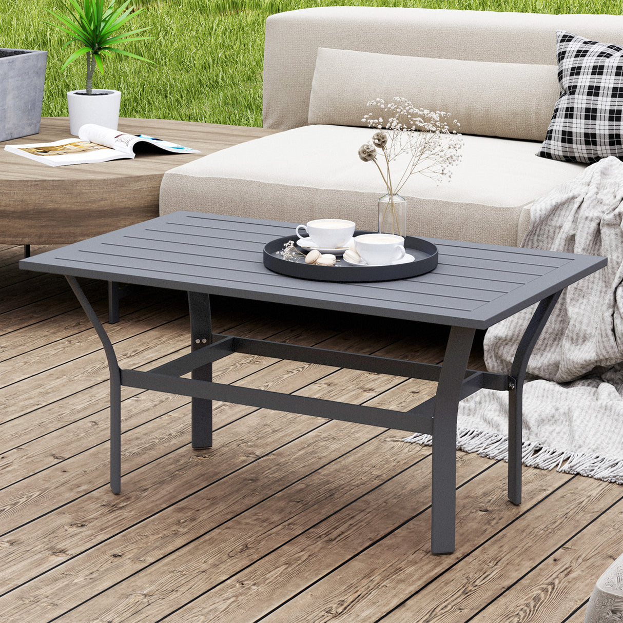 Metal Garden Coffee Table Rectangular With Slatted Table Top - Velmora