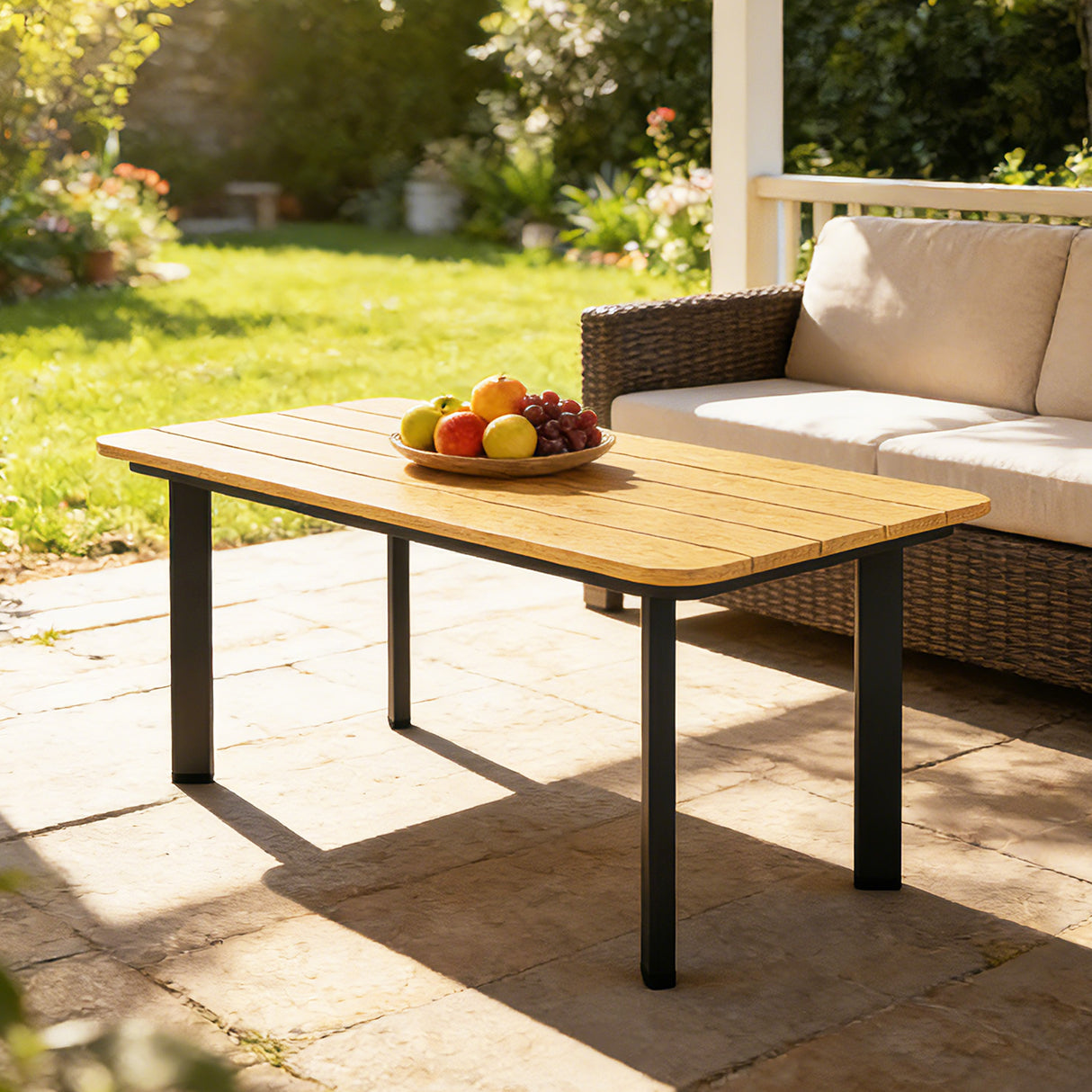 Metal Garden Coffee Table Rectangular With Slatted Wood Plastic Composite Top - Velmora